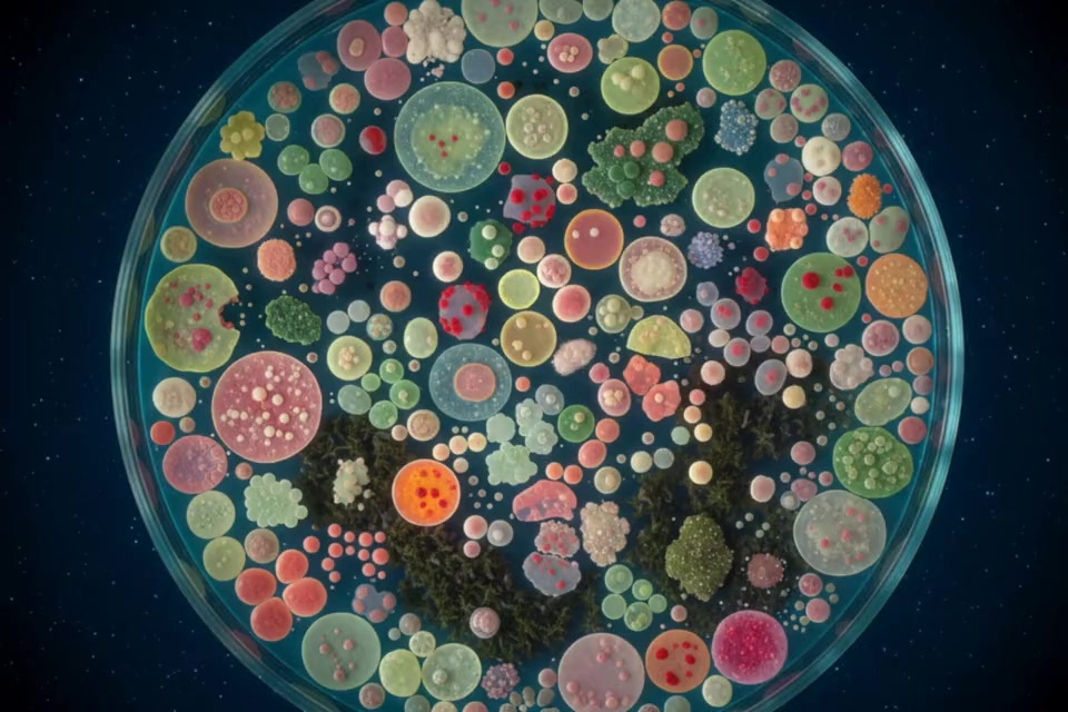 Filmstill aus Late Bloomers: runde Schale voller farbiger Formen wie Blüten und Korallen